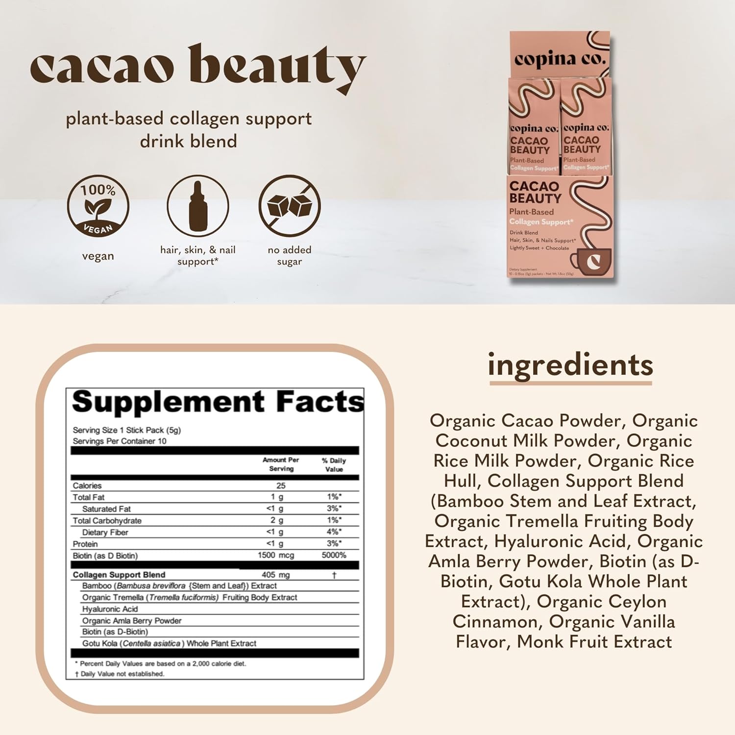 Copina Co. Cacao Beauty Vegan Collagen Booster Drink Blend Variety Pack - Plant-Based Smoothie with Cacao Flavor - 10 Stick Packs