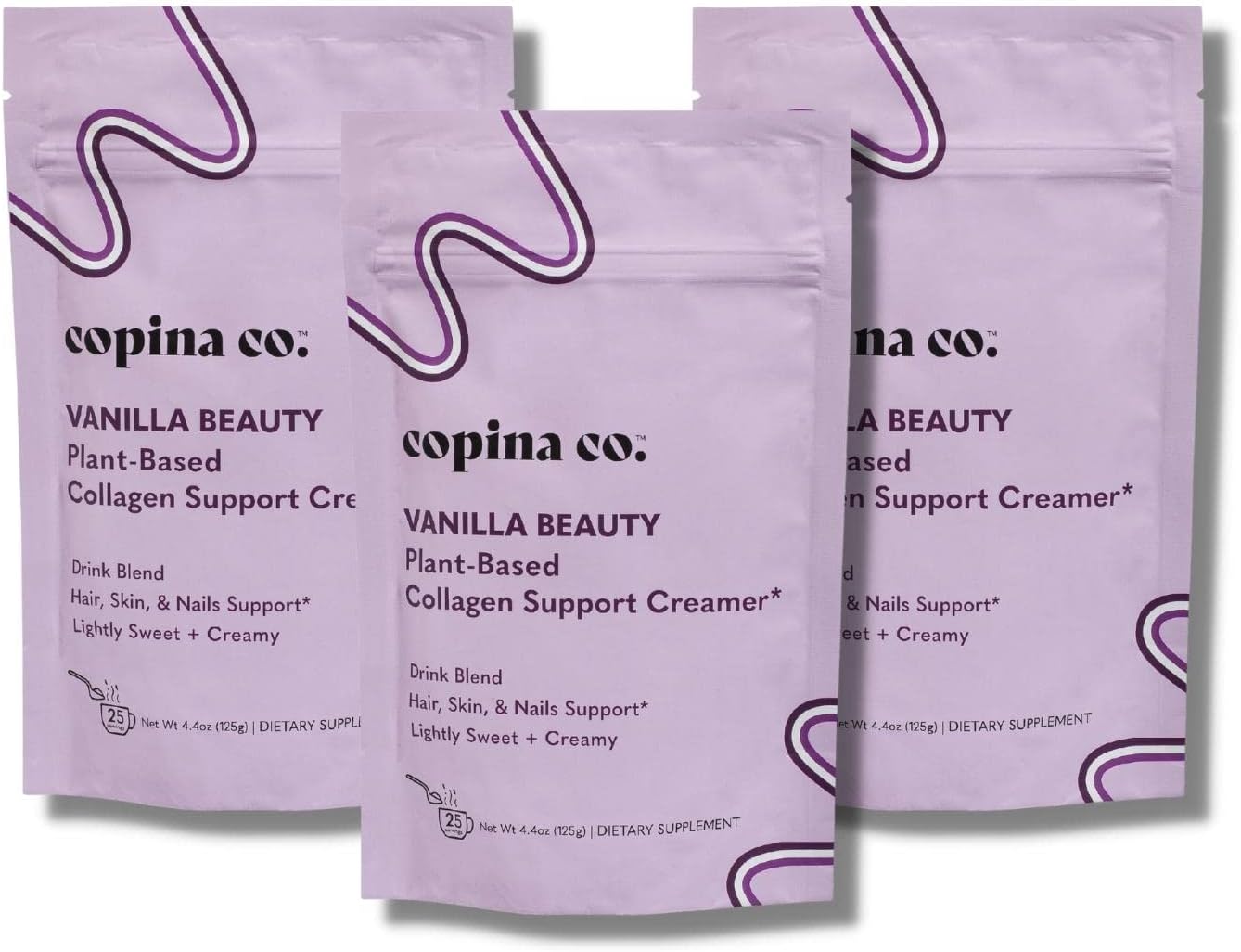 Copina Co Vanilla Beauty Vegan Collagen Booster Creamer: Plant-Based Smoothie Drink with Vanilla Flavor - 3 Bags, 25 Servings each