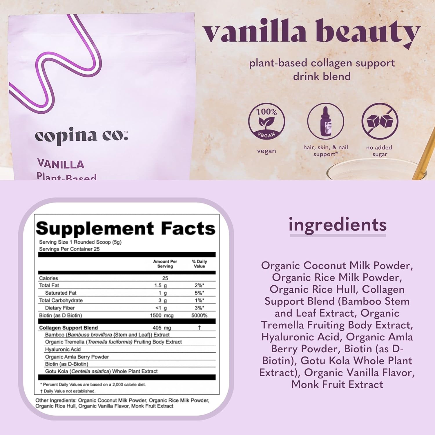 Copina Co Vanilla Beauty Vegan Collagen Booster Creamer: Plant-Based Smoothie Drink with Vanilla Flavor - 3 Bags, 25 Servings each