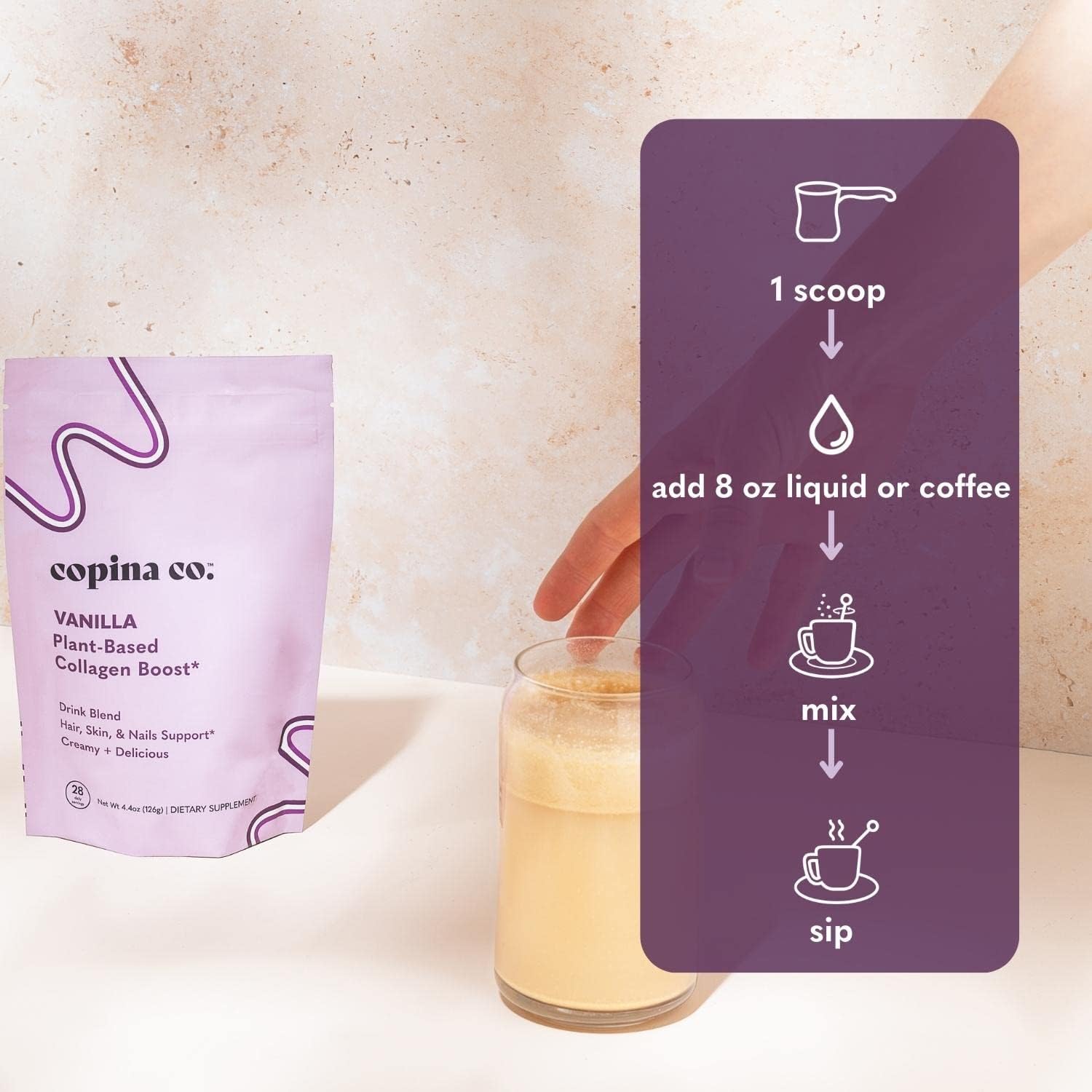 Copina Co Vanilla Beauty Vegan Collagen Booster Creamer: Plant-Based Smoothie Drink with Vanilla Flavor - 3 Bags, 25 Servings each