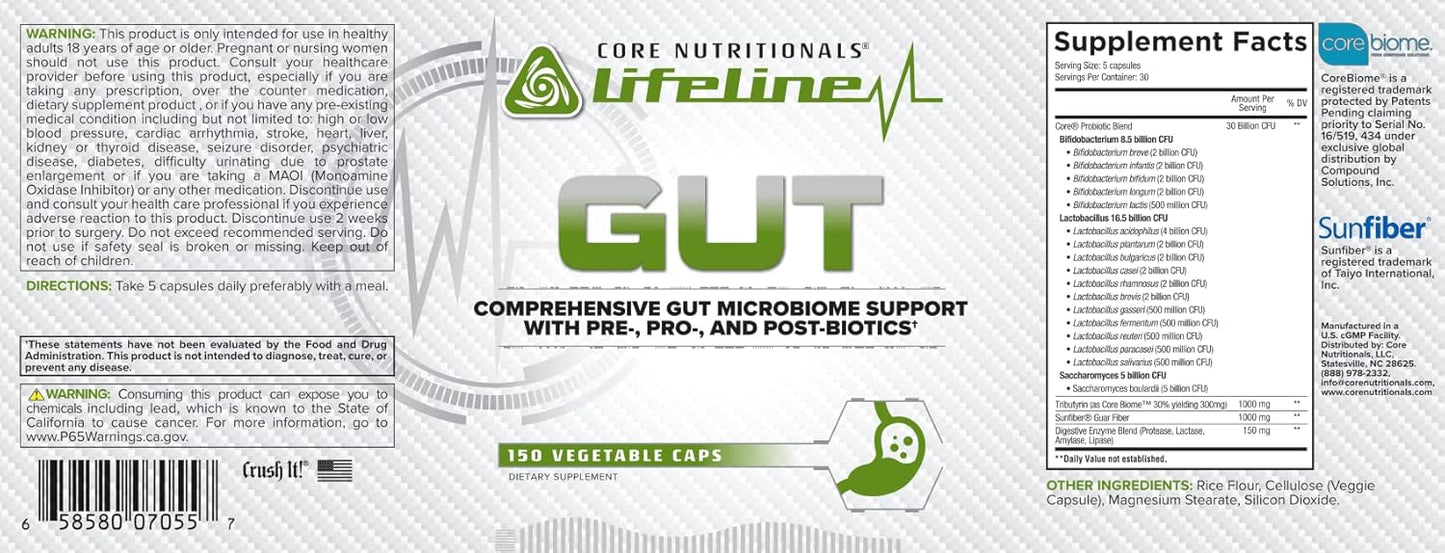 Core Nutritionals Lifeline Gut: Advanced Gut Microbiome Support Capsules with Prebiotics, Probiotics, and Postbiotics