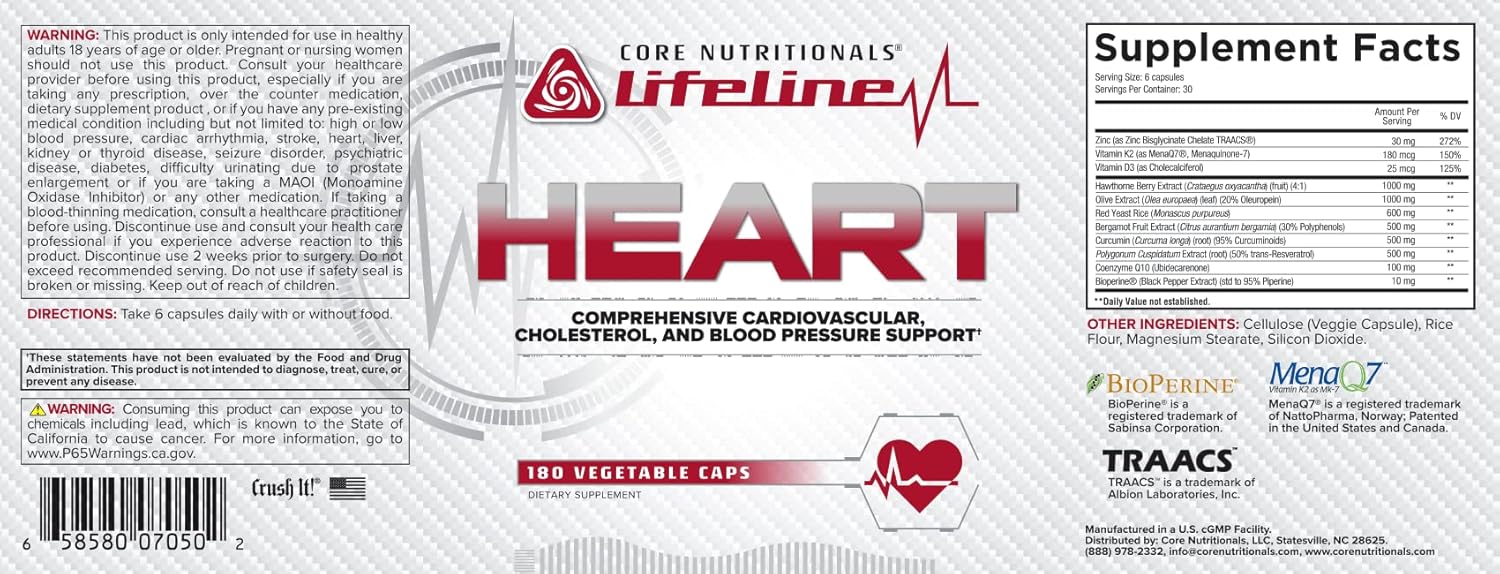 Core Nutritionals Lifeline Heart - 180 Capsules: Cardiovascular Health Support Formula