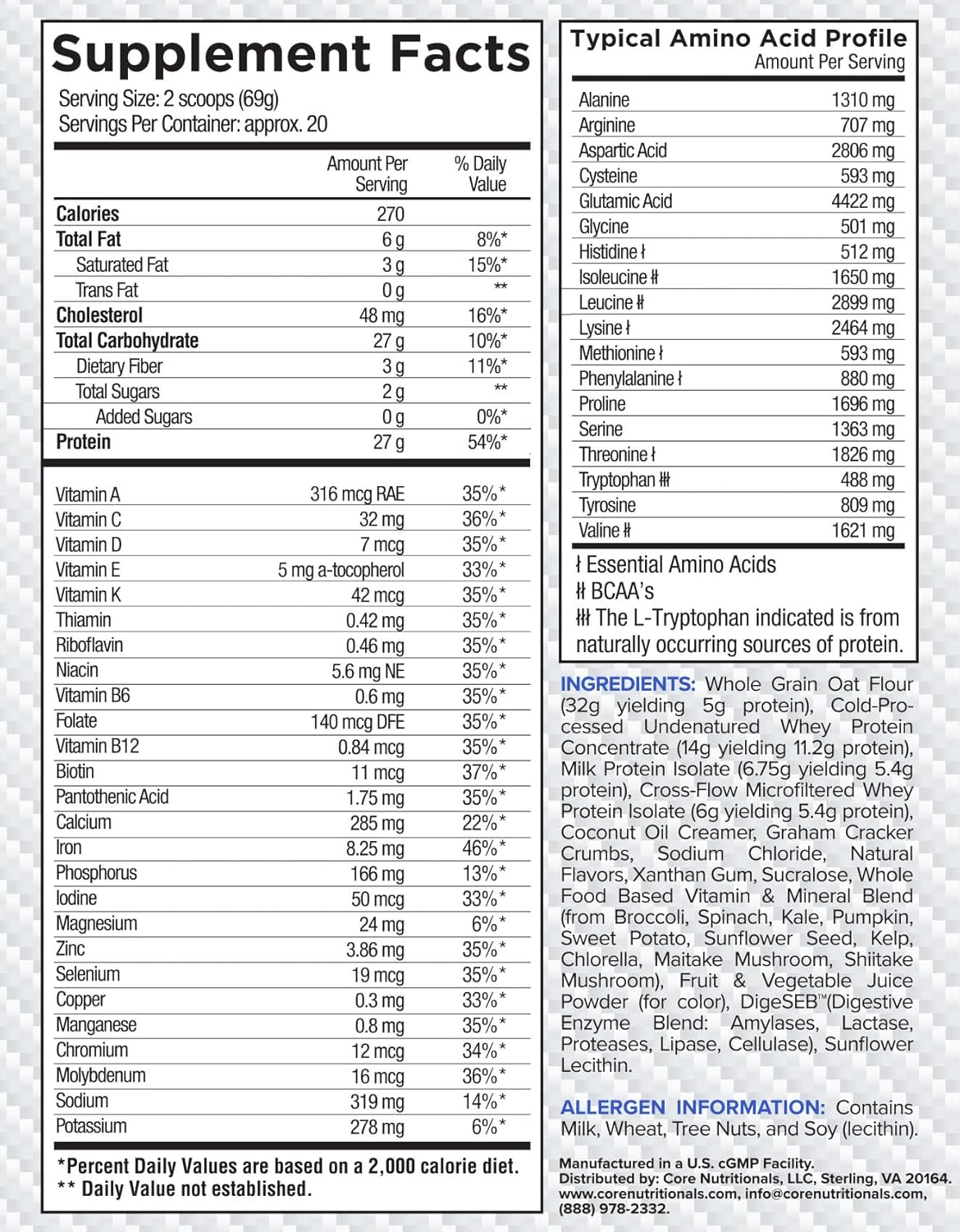 Core Nutritionals Platinum MRP Full Spectrum Meal Replacement - Blueberry Crumb Cake Flavor, 27G Protein, Sustained Release Amino Acids, 20 Servings