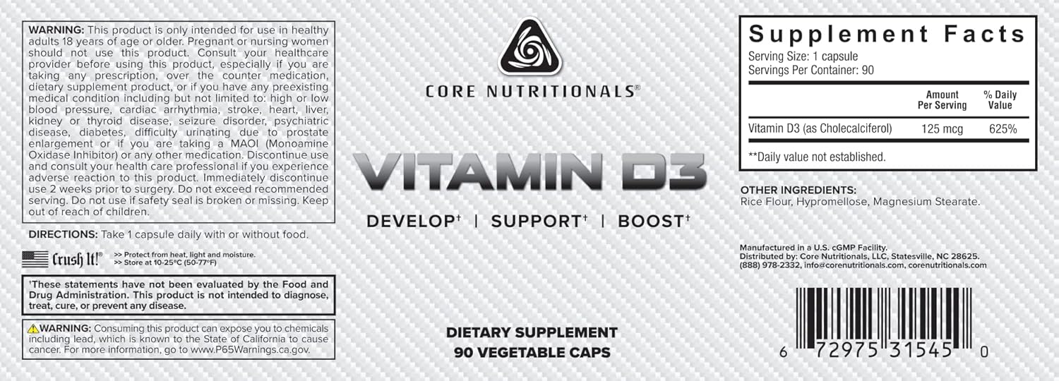 Core Nutritionals Vitamin D3 Capsules for Bone, Cardiovascular, and Overall Health Support - 90 Capsules