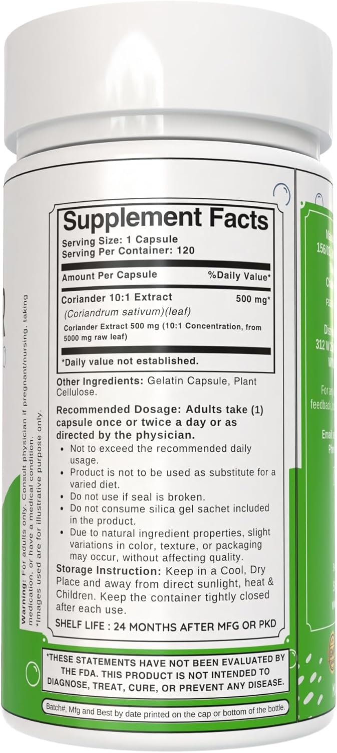 Coriander Leaf Capsules 500mg | Concentrated 10:1 Extract | Non-GMO, Gluten-Free | GMP-Certified Herbal Supplement (120 Count)