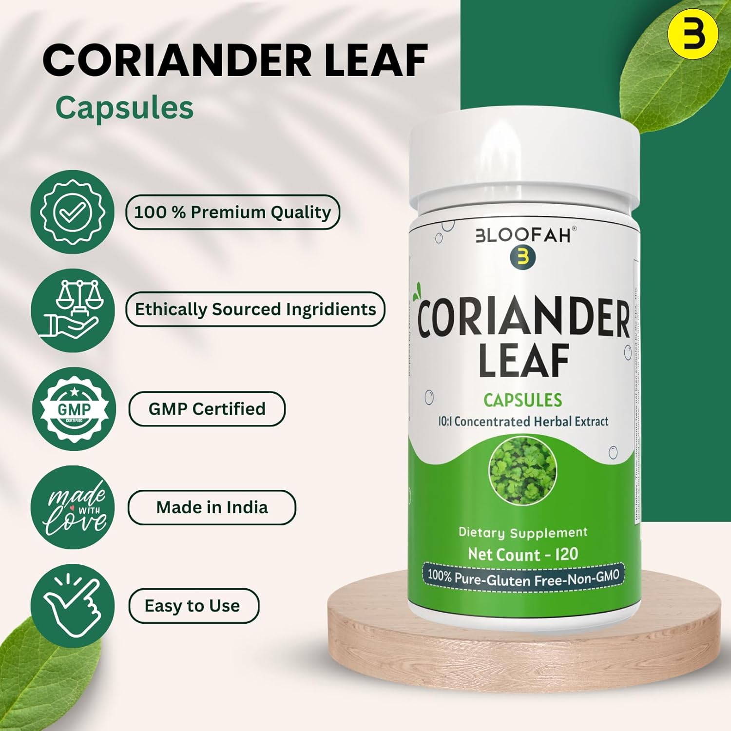 Coriander Leaf Capsules 500mg | Concentrated 10:1 Extract | Non-GMO, Gluten-Free | GMP-Certified Herbal Supplement (120 Count)