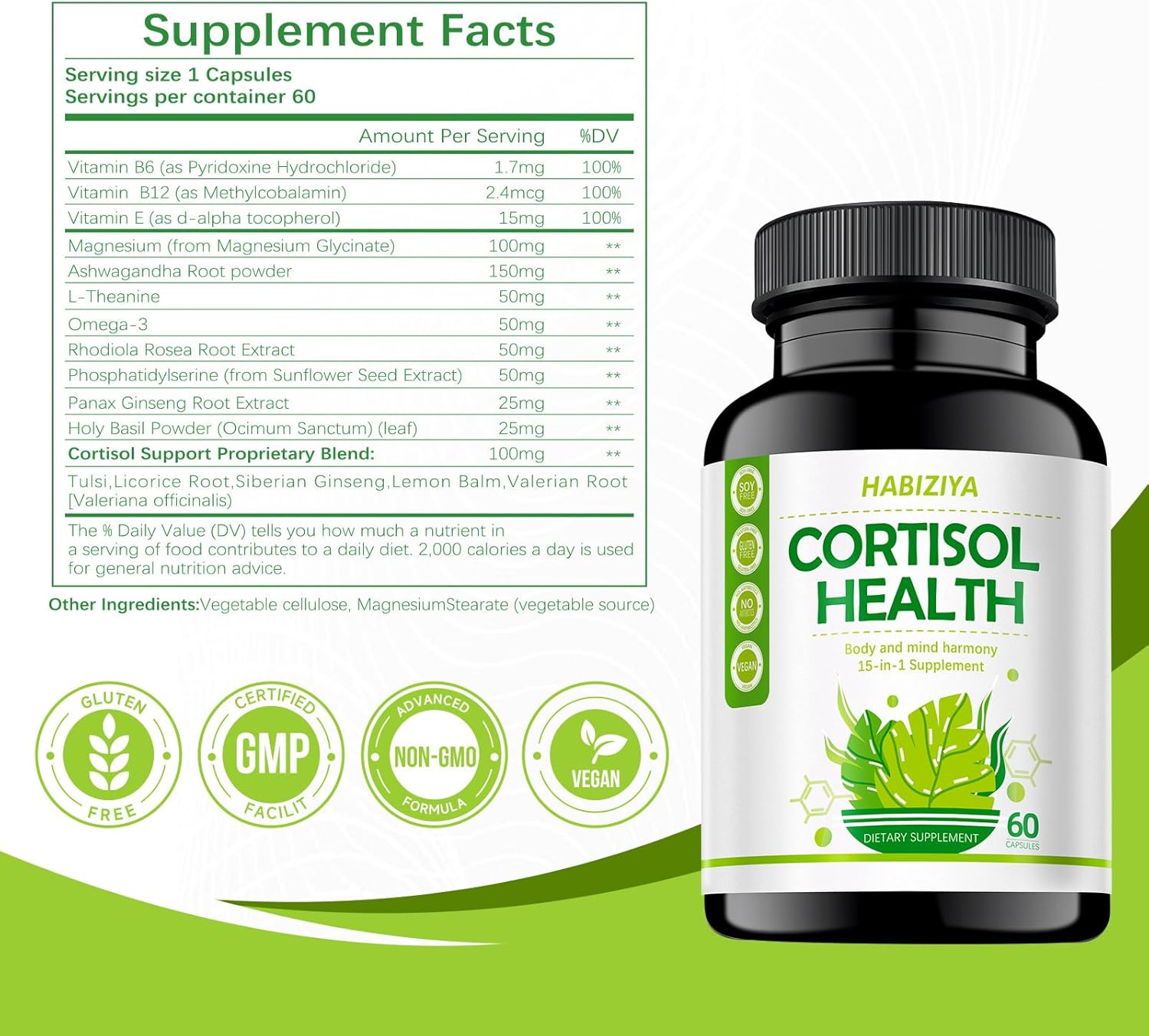 Cortisol Supplement for Women with Magnesium, Ashwagandha, Vitamin B6, Vitamin B12 - Hormone Balance for Mood, Focus, Sleep - 60 Capsules (2 Month Supply)