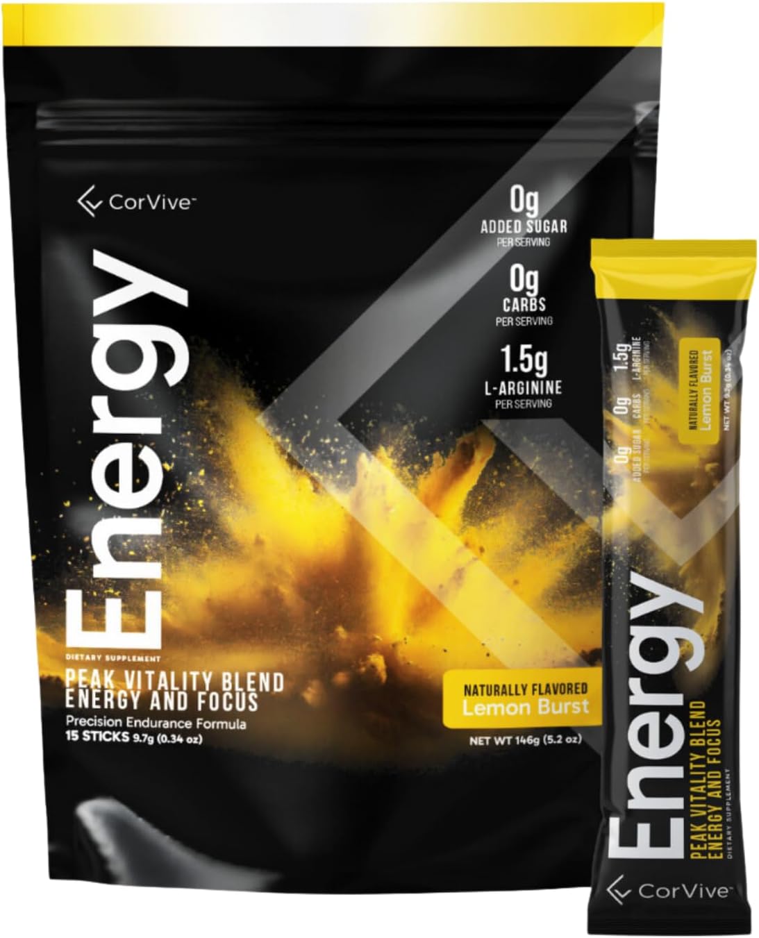 CorVive Energy Supplement Sticks with Carnosyn & Ashwagandha - Zero Sugar, 5 Cal, 120mg Caffeine - Natural Energy & Focus - Lemon Flavor