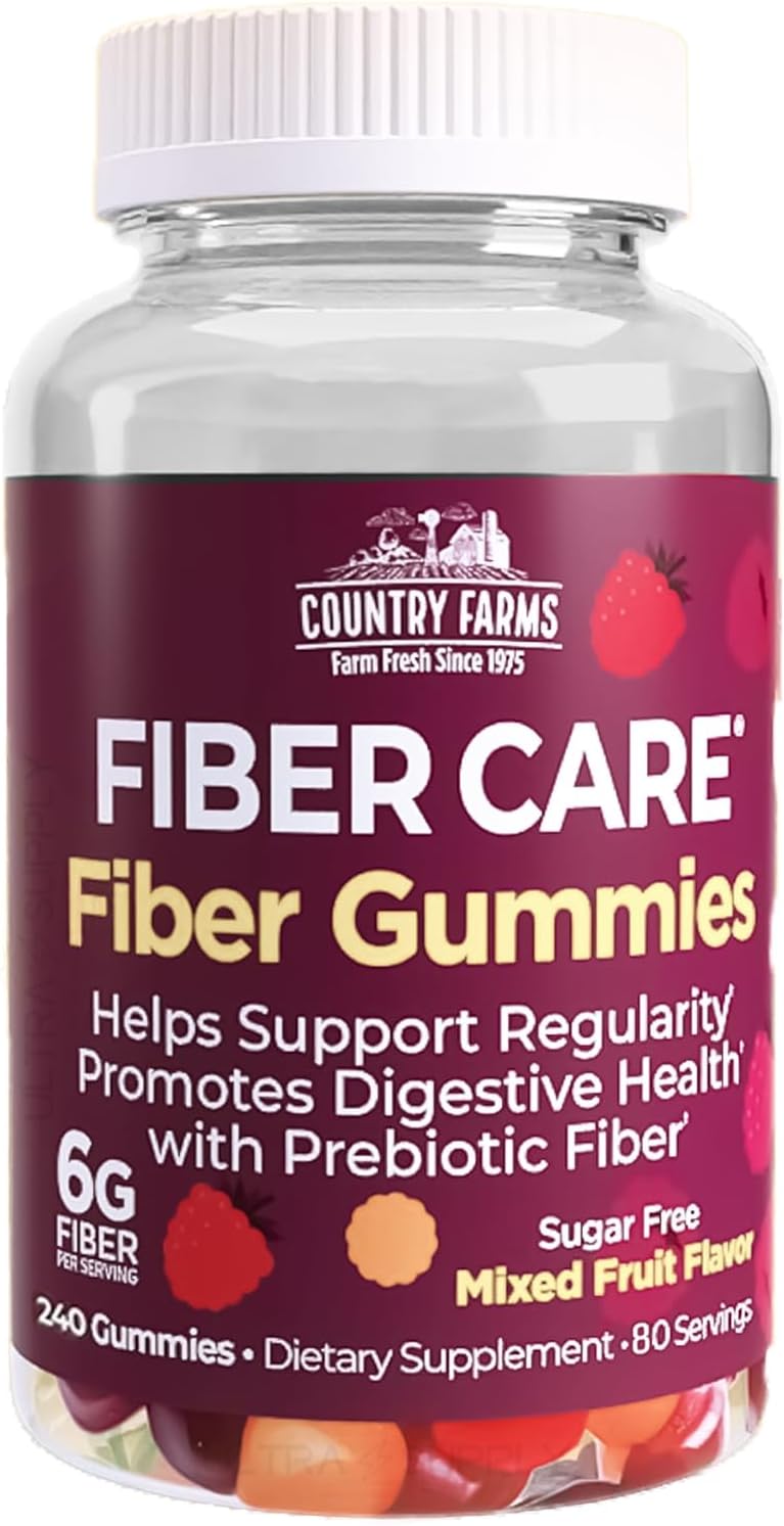 Country Farms Fiber Care Prebiotic Gummies - 240 Count, 6g Fiber, FOS from Beets, Digestive Health, Regularity Support, Mixed Fruit Flavor - 80 Servings