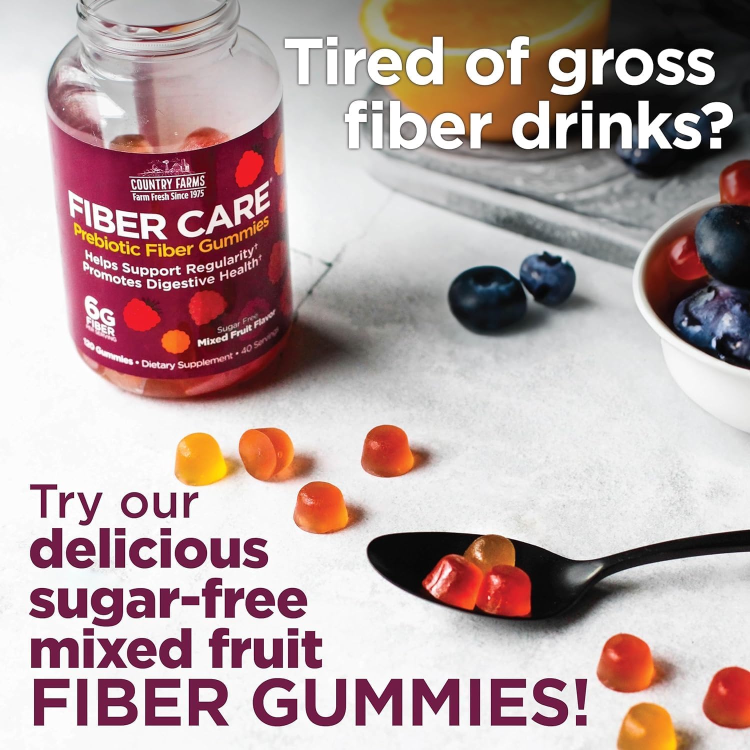 Country Farms Fiber Care Prebiotic Gummies - 240 Count, 6g Fiber, FOS from Beets, Digestive Health, Regularity Support, Mixed Fruit Flavor - 80 Servings
