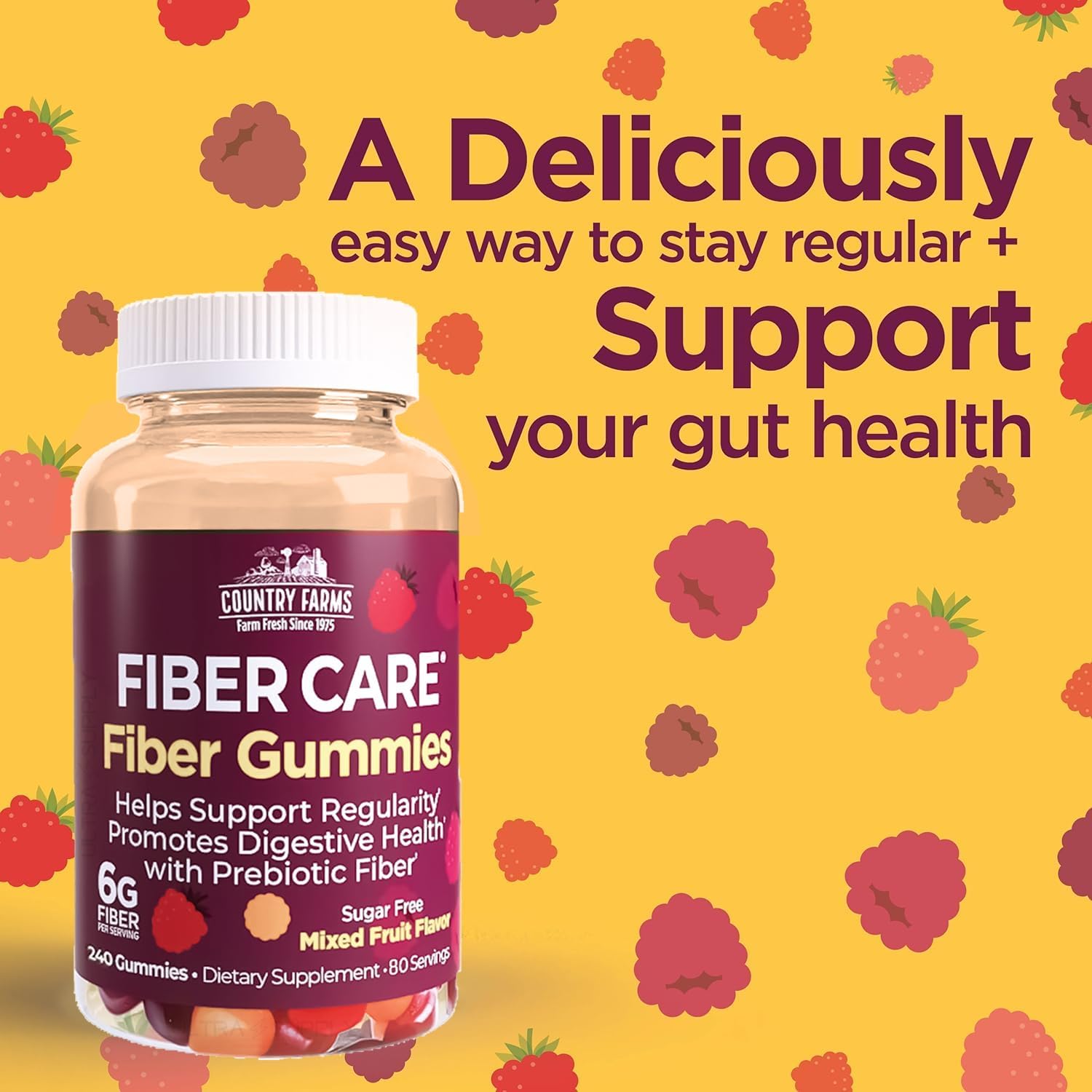 Country Farms Fiber Care Prebiotic Gummies - 240 Count, 6g Fiber, FOS from Beets, Digestive Health, Regularity Support, Mixed Fruit Flavor - 80 Servings
