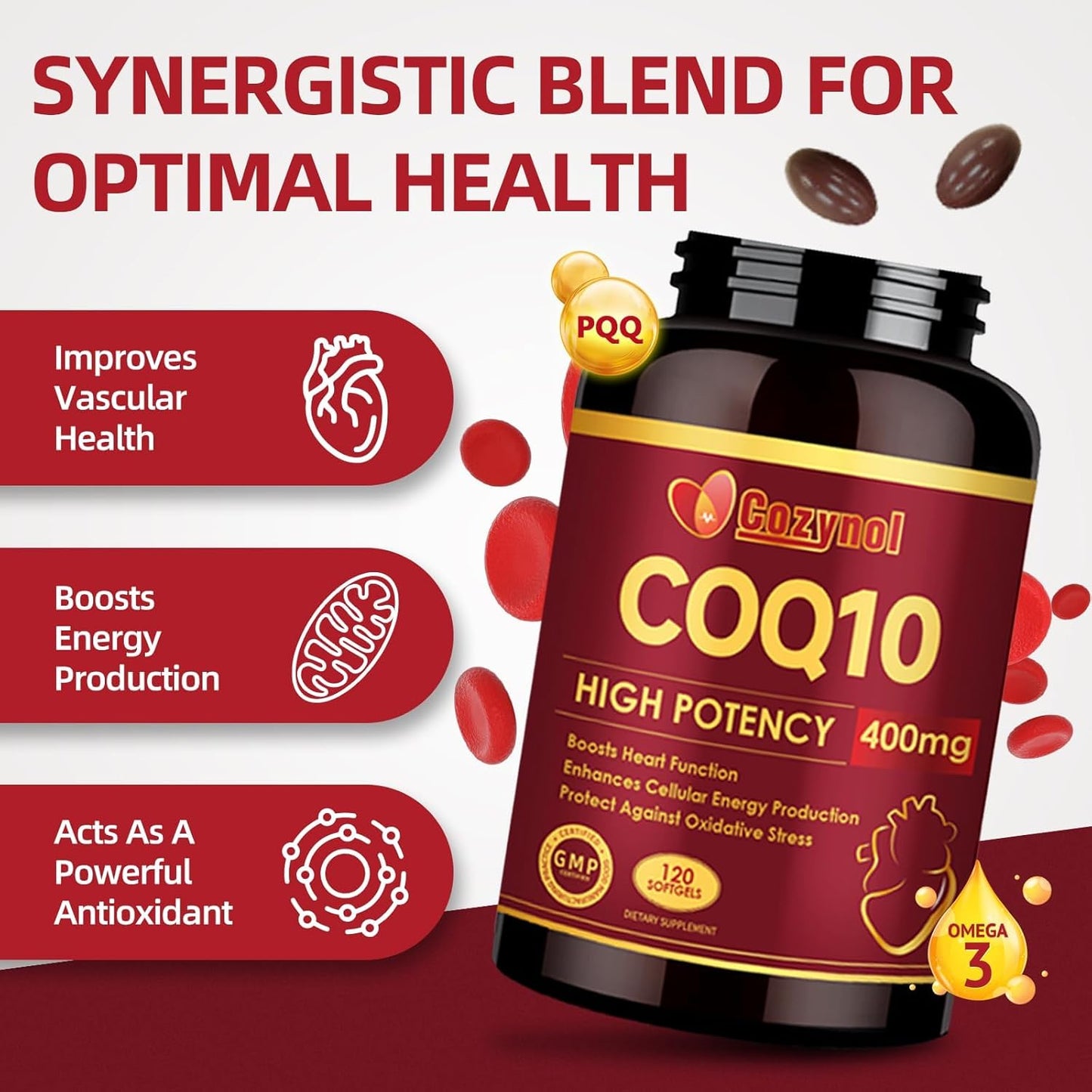 Cozynol CoQ10 400mg Softgels with Omega 3, PQQ - Heart Health & Energy Support (120 Count)