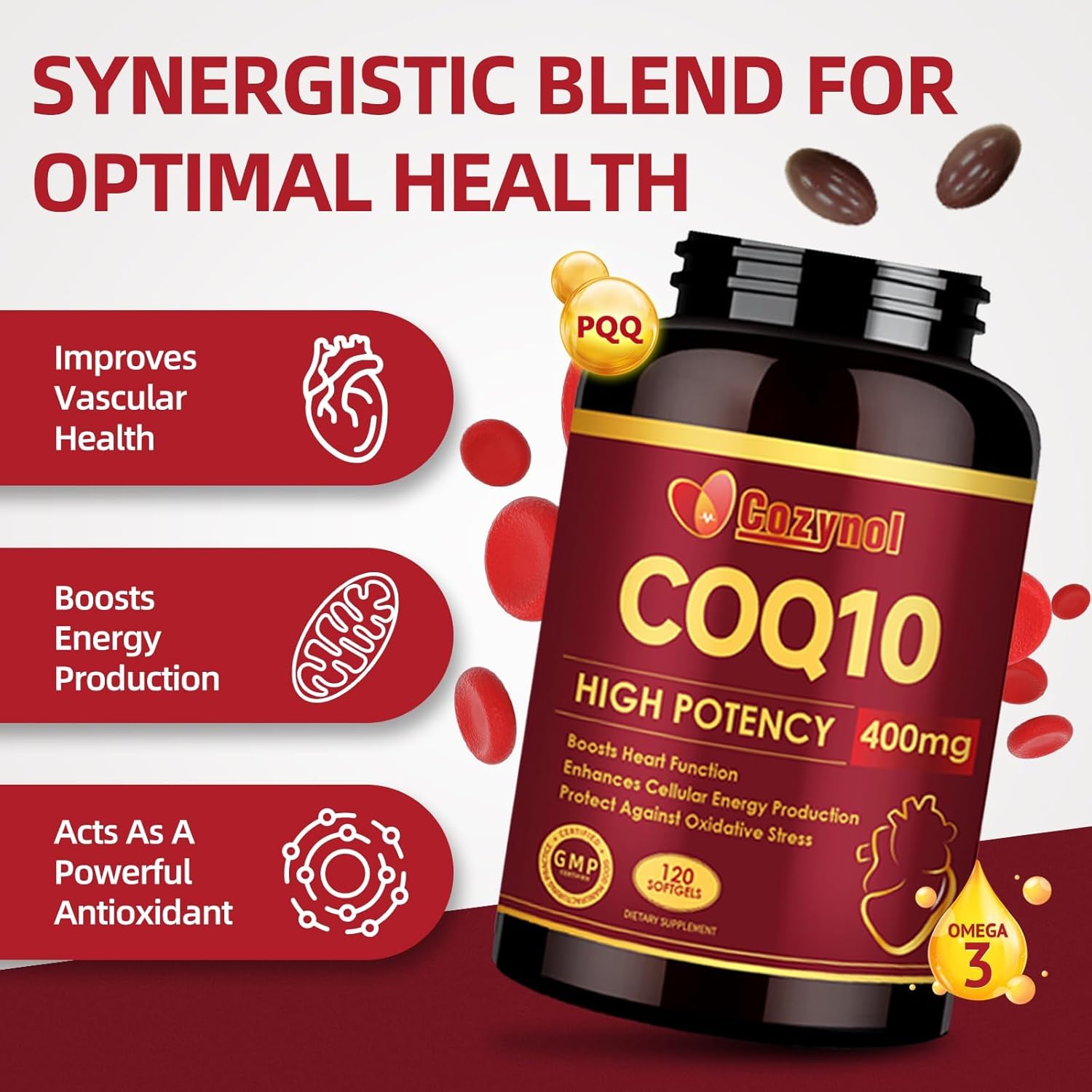 Cozynol CoQ10 400mg Softgels with Omega 3, PQQ - Heart Health & Energy Support (120 Count)
