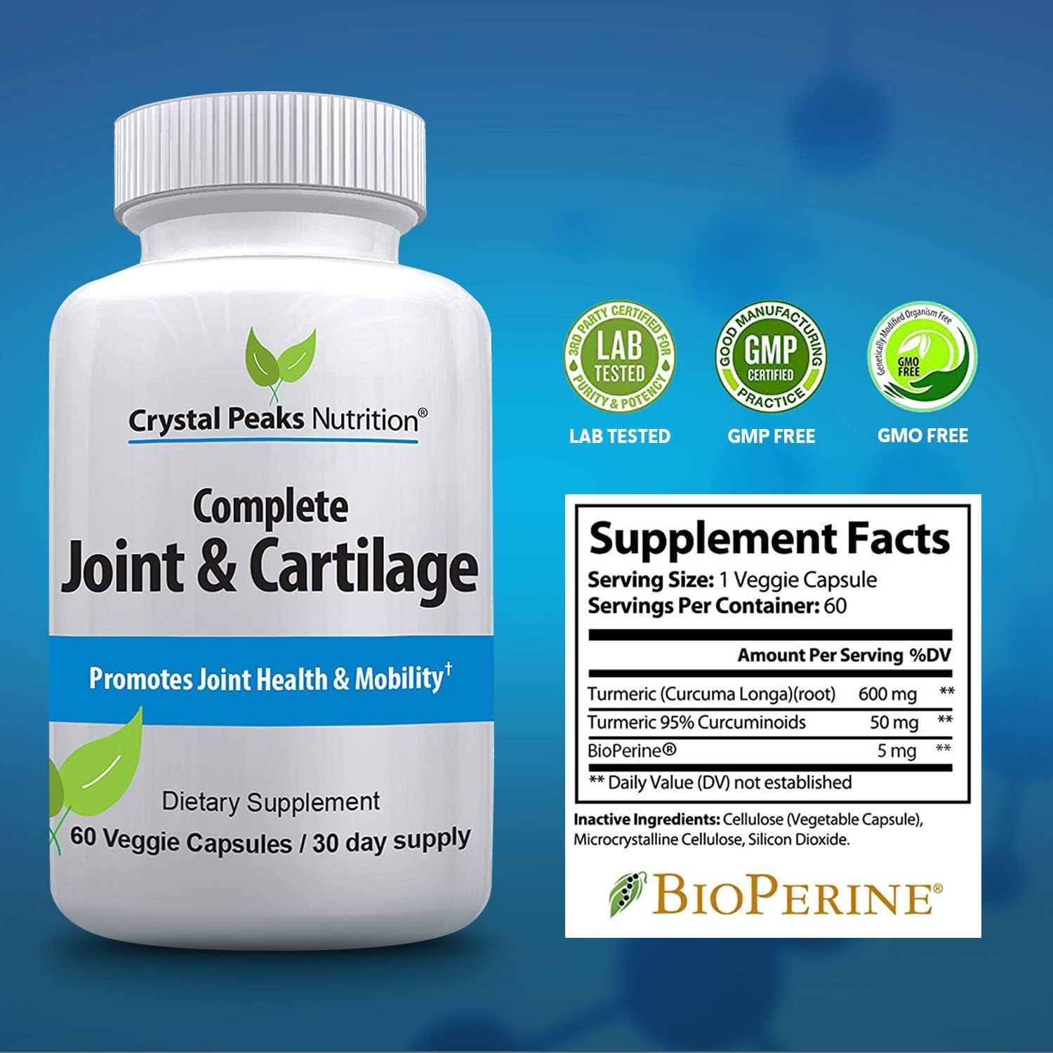 Crystal Peaks Nutrition Vegan Joint Support Capsules with Turmeric Curcumin & Black Pepper Extract - Max Strength Formula for Joint Mobility & Flexibility - 60 Capsules