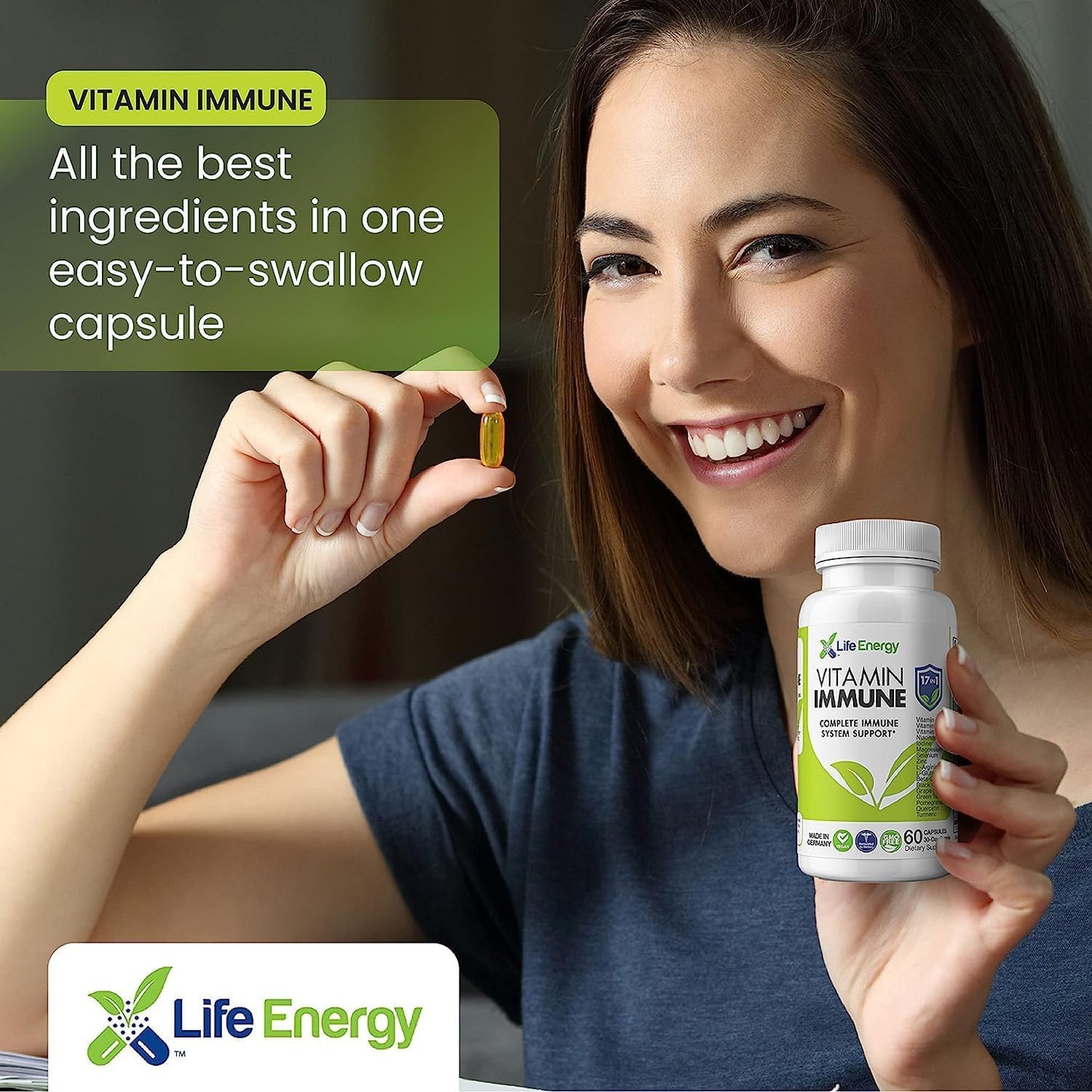 Daily Immune Support Supplement with 17 Essential Nutrients - Vitamin C, D, A, Zinc, Quercetin, Turmeric, Green Tea, Selenium - 60 Count