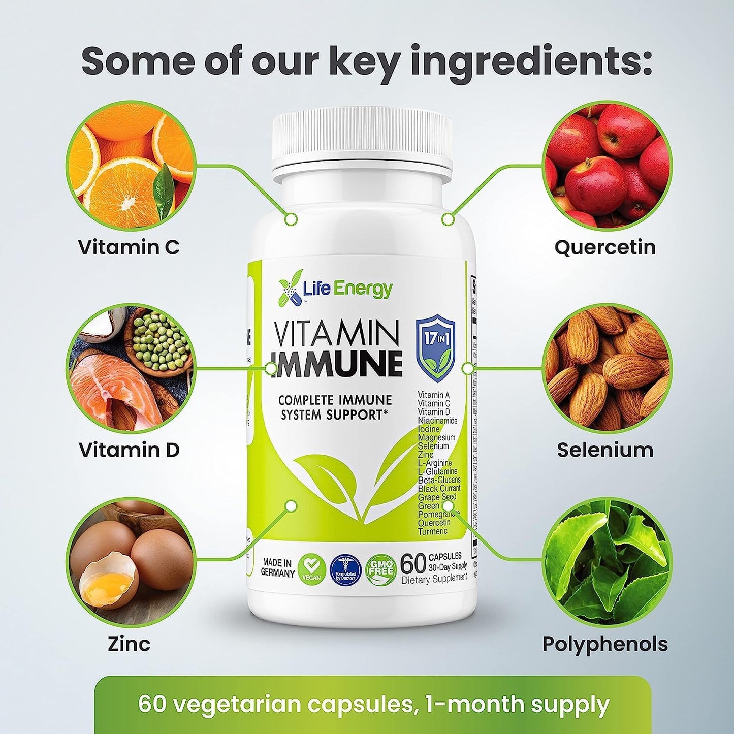 Daily Immune Support Supplement with 17 Essential Nutrients - Vitamin C, D, A, Zinc, Quercetin, Turmeric, Green Tea, Selenium - 60 Count