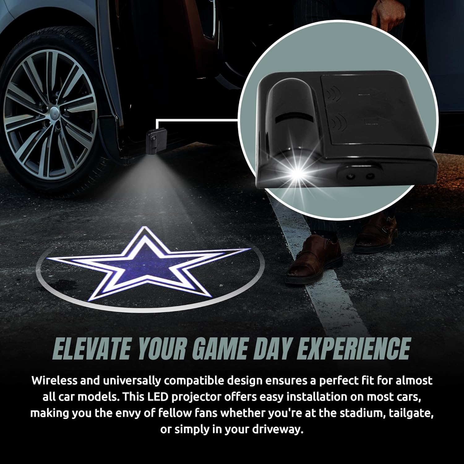 Dallas Cowboys NFL LED Car Door Light Projector - Wireless Logo Slide for Most Car Models - Battery-Operated