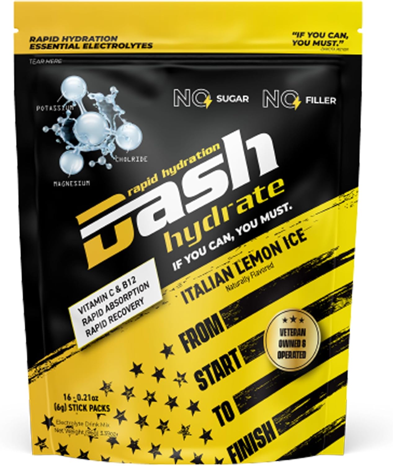 DASH Hydrate Electrolyte Drink Mix Packets - Rapid Hydration & Recovery, Sugar-Free, Energy Boost - Detox Support - 16 ct (Italian Lemon Ice)