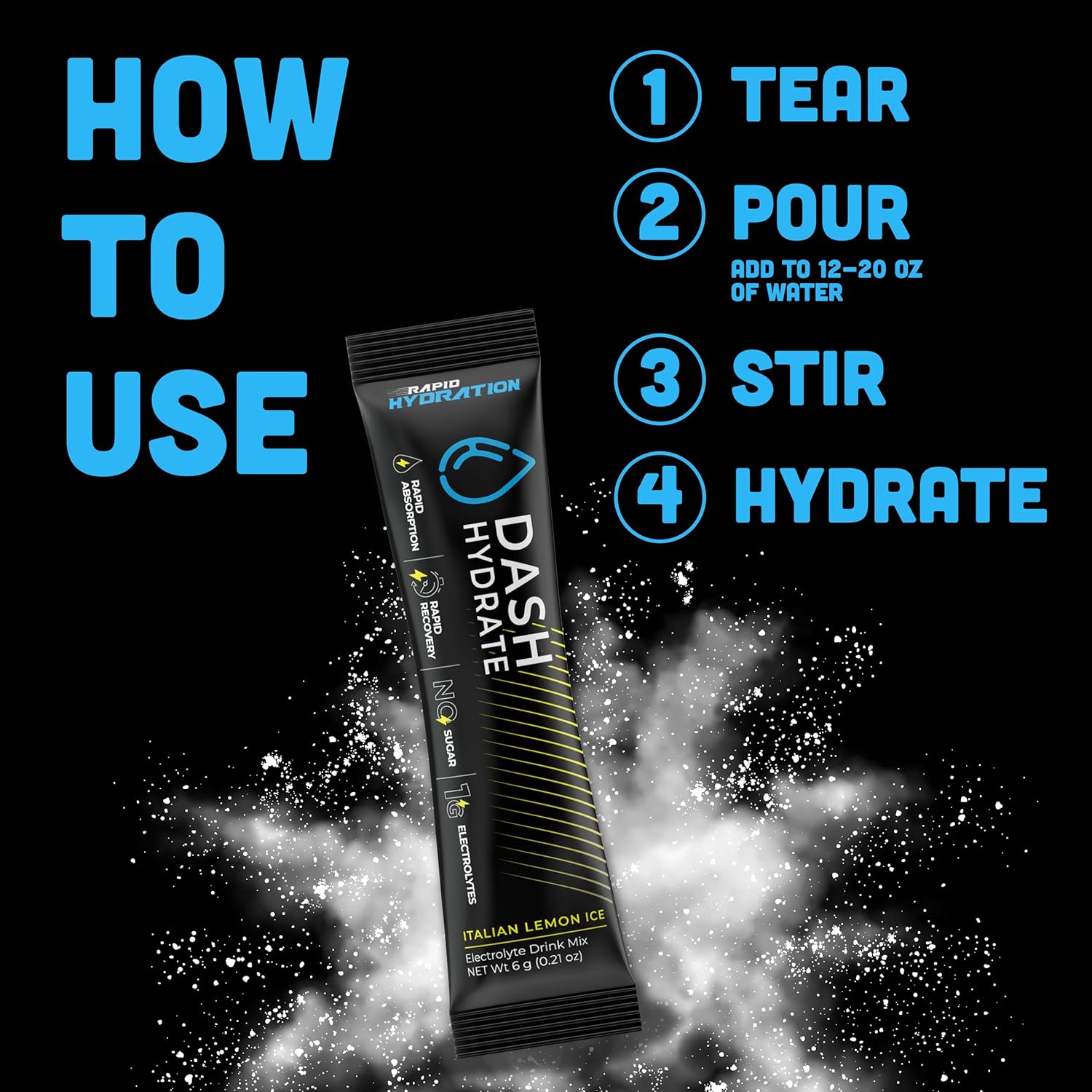DASH Hydrate Electrolyte Drink Mix Packets - Rapid Hydration & Recovery, Sugar-Free, Energy Boost - Detox Support - 16 ct (Italian Lemon Ice)