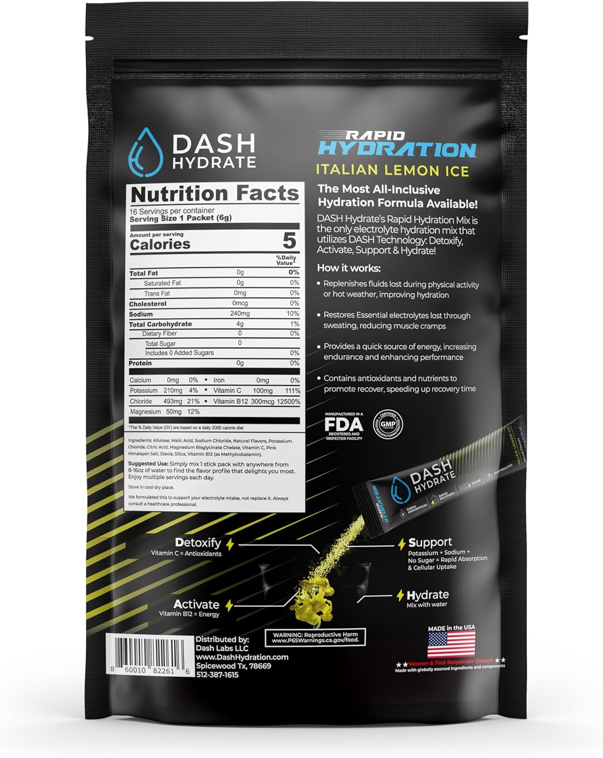DASH Hydrate Electrolyte Drink Mix Packets - Rapid Hydration & Recovery, Sugar-Free, Energy Boost - Detox Support - 16 ct (Italian Lemon Ice)