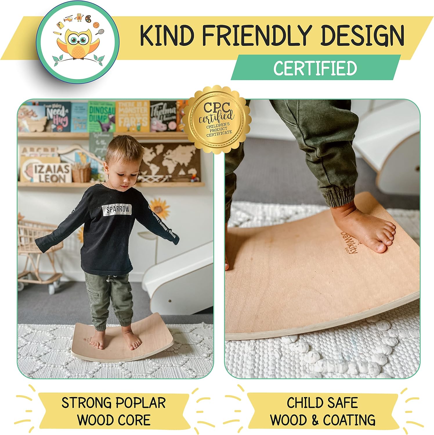 DaWikity Kids Wooden Balance Board - Eco-Friendly Wobble Trainer for Sensory Motor Development and Core Strengthening - 17x12x3", 480 lbs Capacity.
