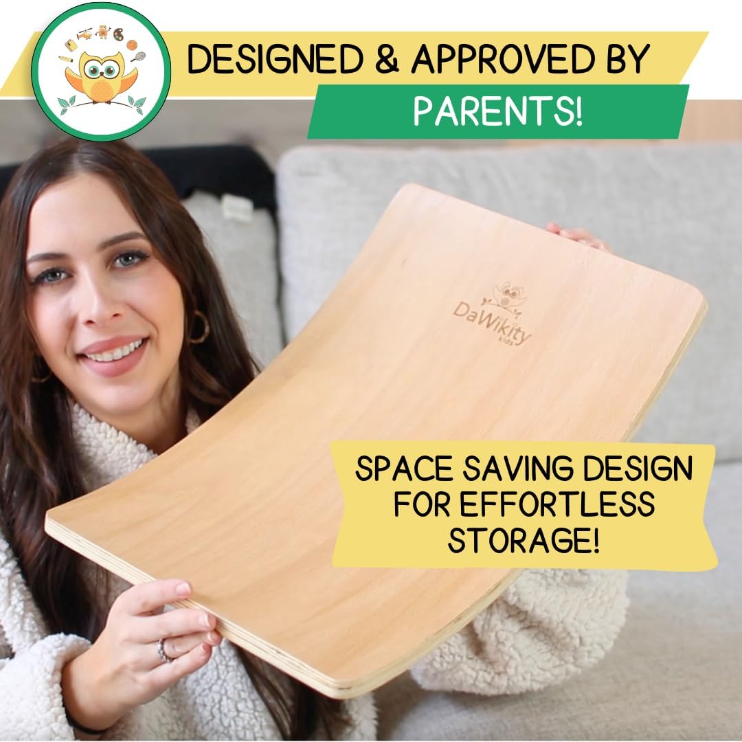 DaWikity Kids Wooden Balance Board - Eco-Friendly Wobble Trainer for Sensory Motor Development and Core Strengthening - 17x12x3", 480 lbs Capacity.