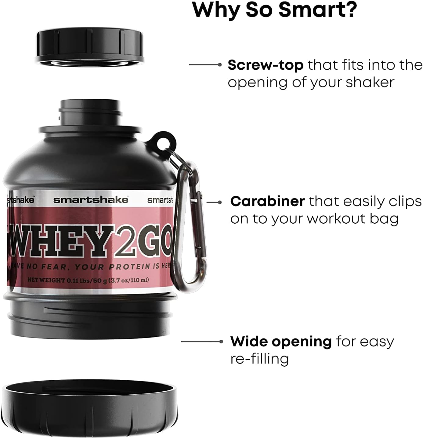 DC Comics Batman Smartshake Whey2Go Black Protein Powder Container 50g – BPA Free Shaker Bottle with Funnel, Ideal for Protein Shakes 110ml, Great Gifts for Men