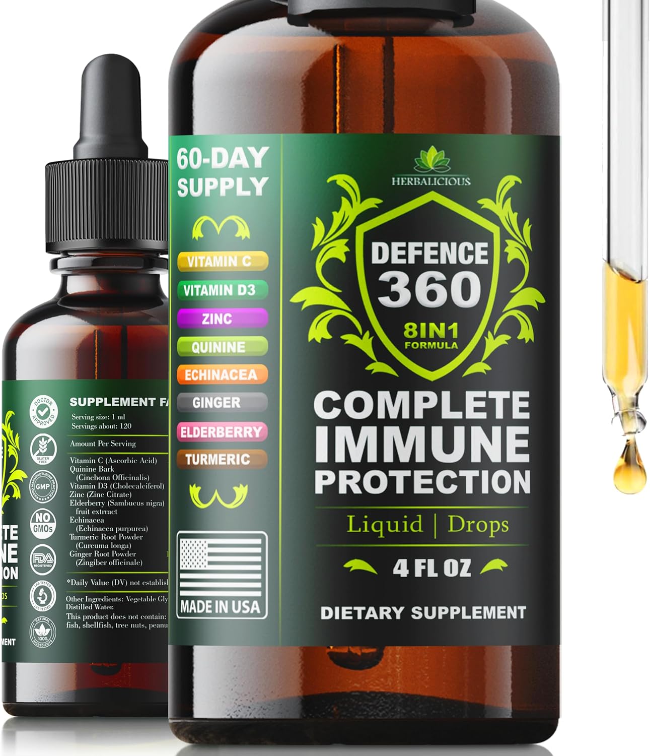 Defence360 Immune Support Liquid Supplement with Vitamin C, D3, Zinc, Elderberry, Echinacea, Turmeric, Ginger & Quinine - Complete Immune Protection