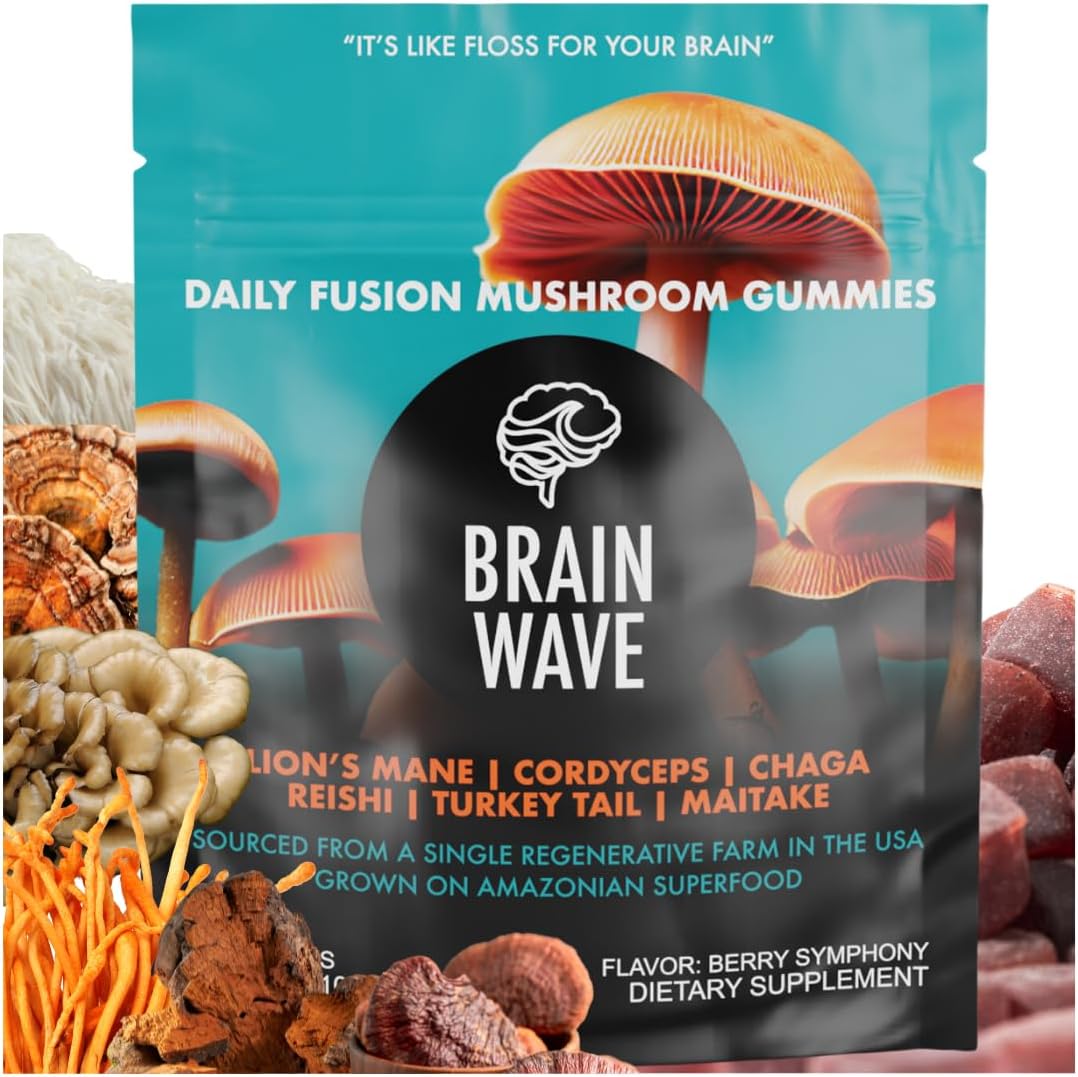 Delicious Brain Wave Superfood Mushroom Gummies for Focus and Energy - Lions Mane, Reishi, Cordyceps, Turkey Tail, Chaga, Maitake - Daily Multi Mushroom Supplement