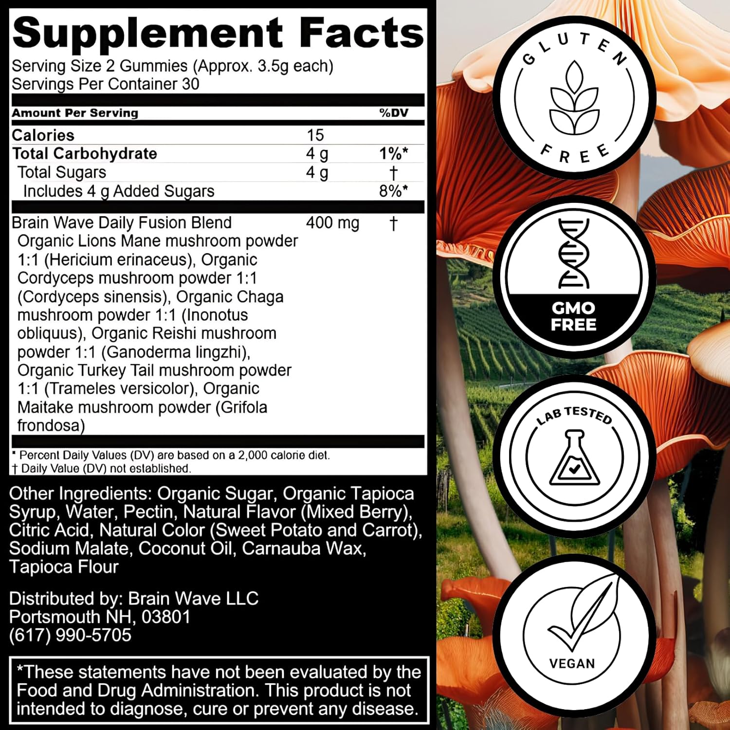 Delicious Brain Wave Superfood Mushroom Gummies for Focus and Energy - Lions Mane, Reishi, Cordyceps, Turkey Tail, Chaga, Maitake - Daily Multi Mushroom Supplement