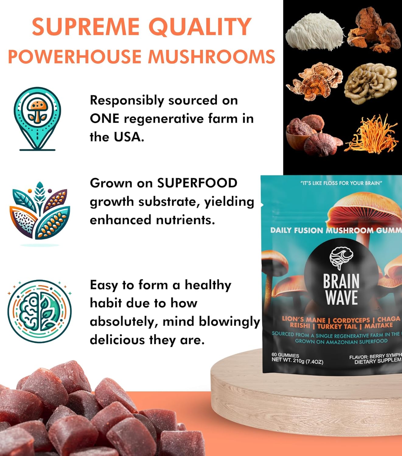 Delicious Brain Wave Superfood Mushroom Gummies for Focus and Energy - Lions Mane, Reishi, Cordyceps, Turkey Tail, Chaga, Maitake - Daily Multi Mushroom Supplement