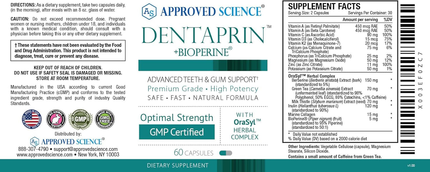 Dentaprin Tooth and Gum Support Capsules - Prebiotic, Collagen, Vitamins, Minerals, Herbal Complex - 60 Count