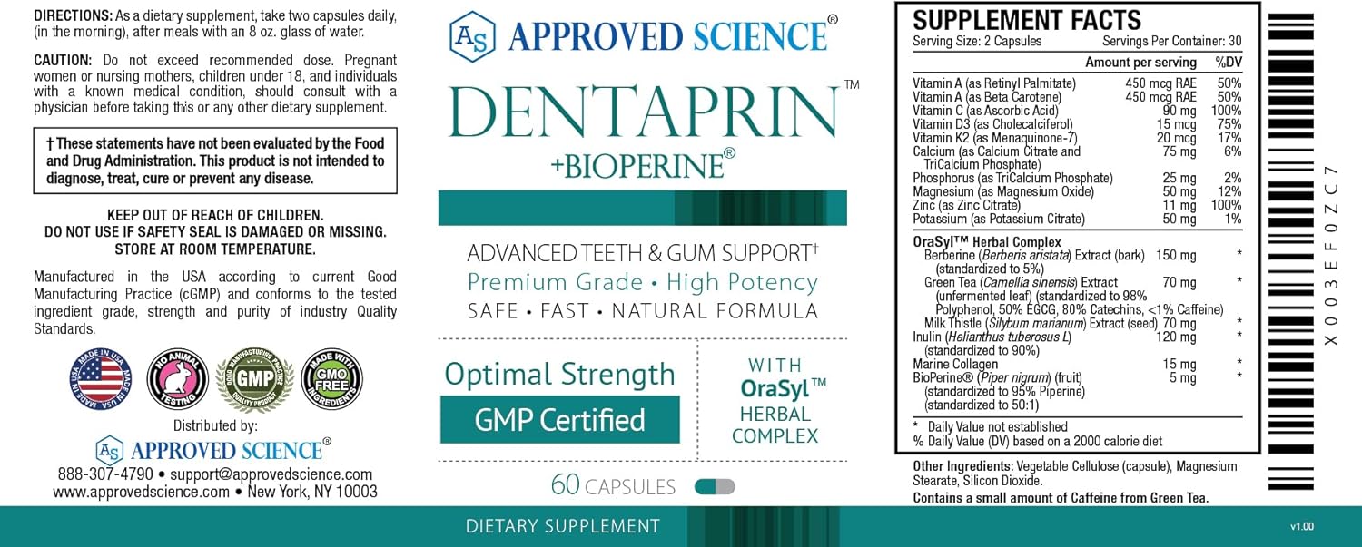 Dentaprin Tooth and Gum Support Capsules - Prebiotic, Collagen, Vitamins, Minerals, Herbal Complex - 60 Count