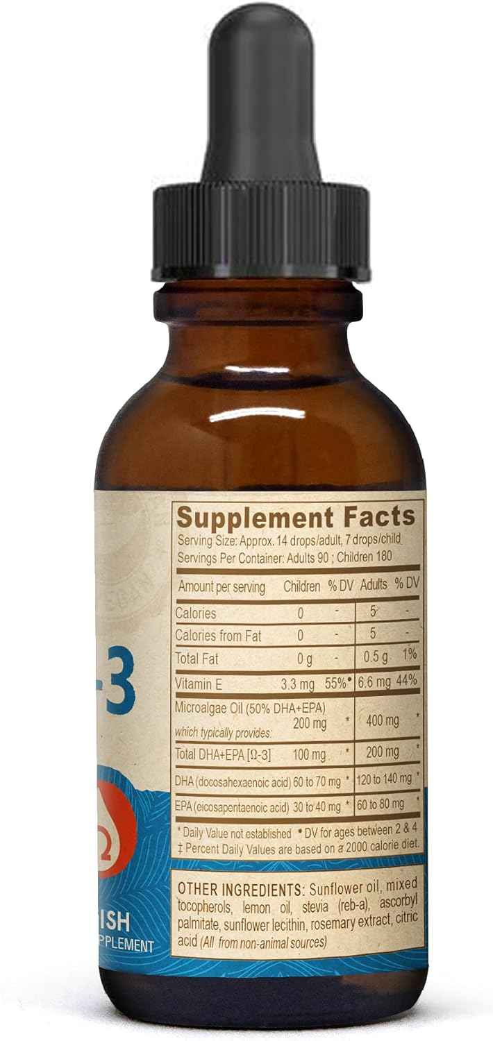 DEVA Vegan Omega-3 Liquid DHA - EPA, Non Fish from Algae, Lemon Flavor, 2 Ounce