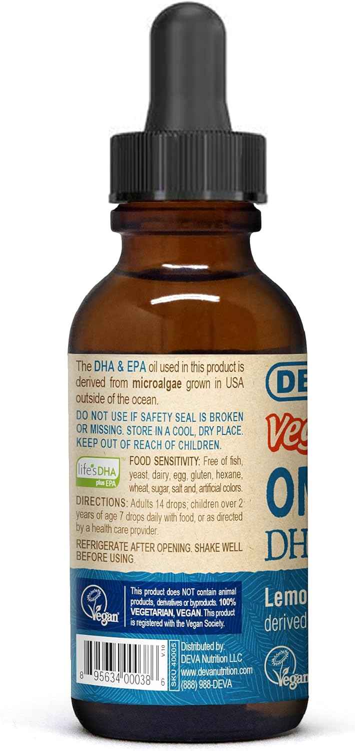 DEVA Vegan Omega-3 Liquid DHA - EPA, Non Fish from Algae, Lemon Flavor, 2 Ounce