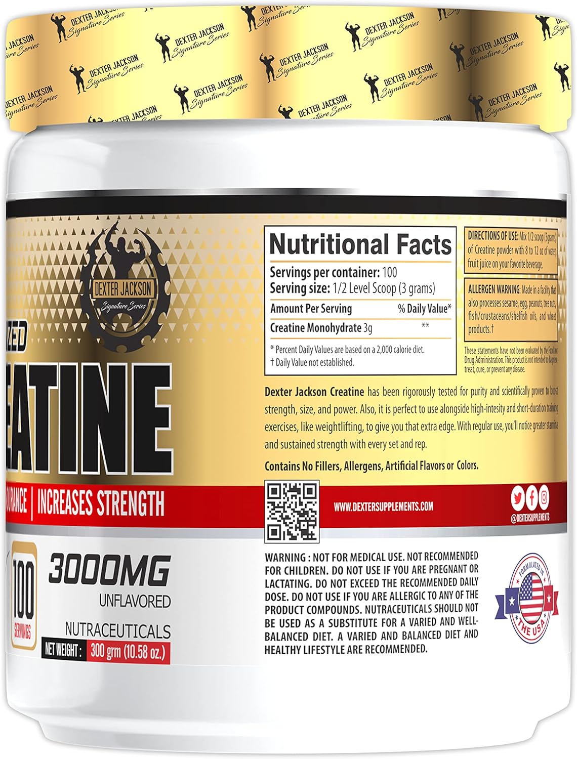 Dexter Jackson Gold Series Creatine Monohydrate | 300g | 100 Servings | Premium Micronized Powder for Strength and Muscle Growth