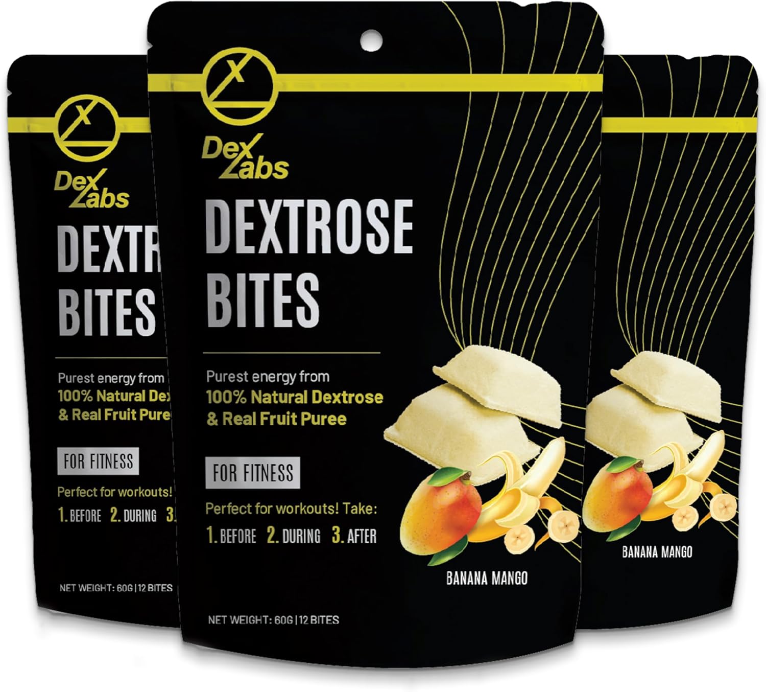 Dextrose Energy Bites - Portable Glucose Tablets for Workout - Banana Mango Flavored Melts - Pack of 03