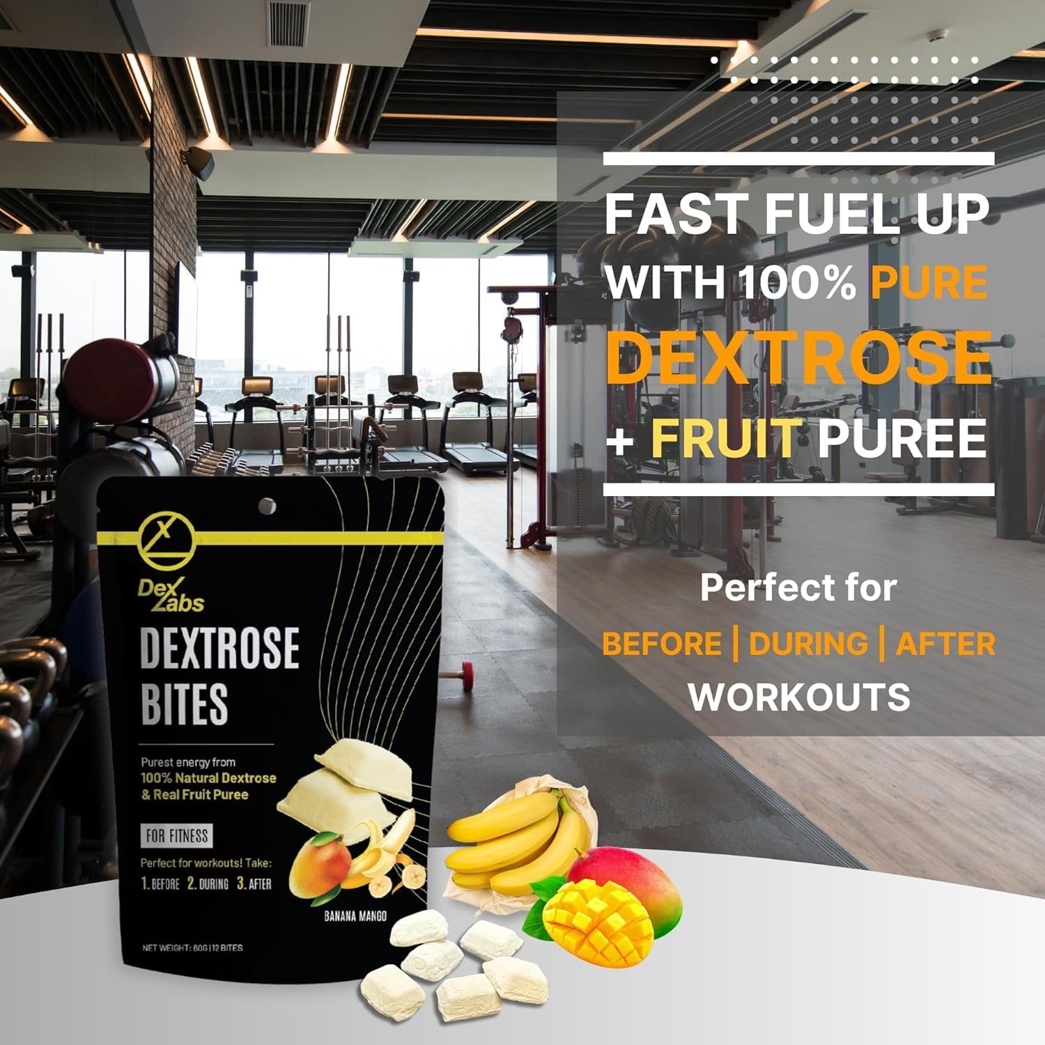Dextrose Energy Bites - Portable Glucose Tablets for Workout - Banana Mango Flavored Melts - Pack of 03