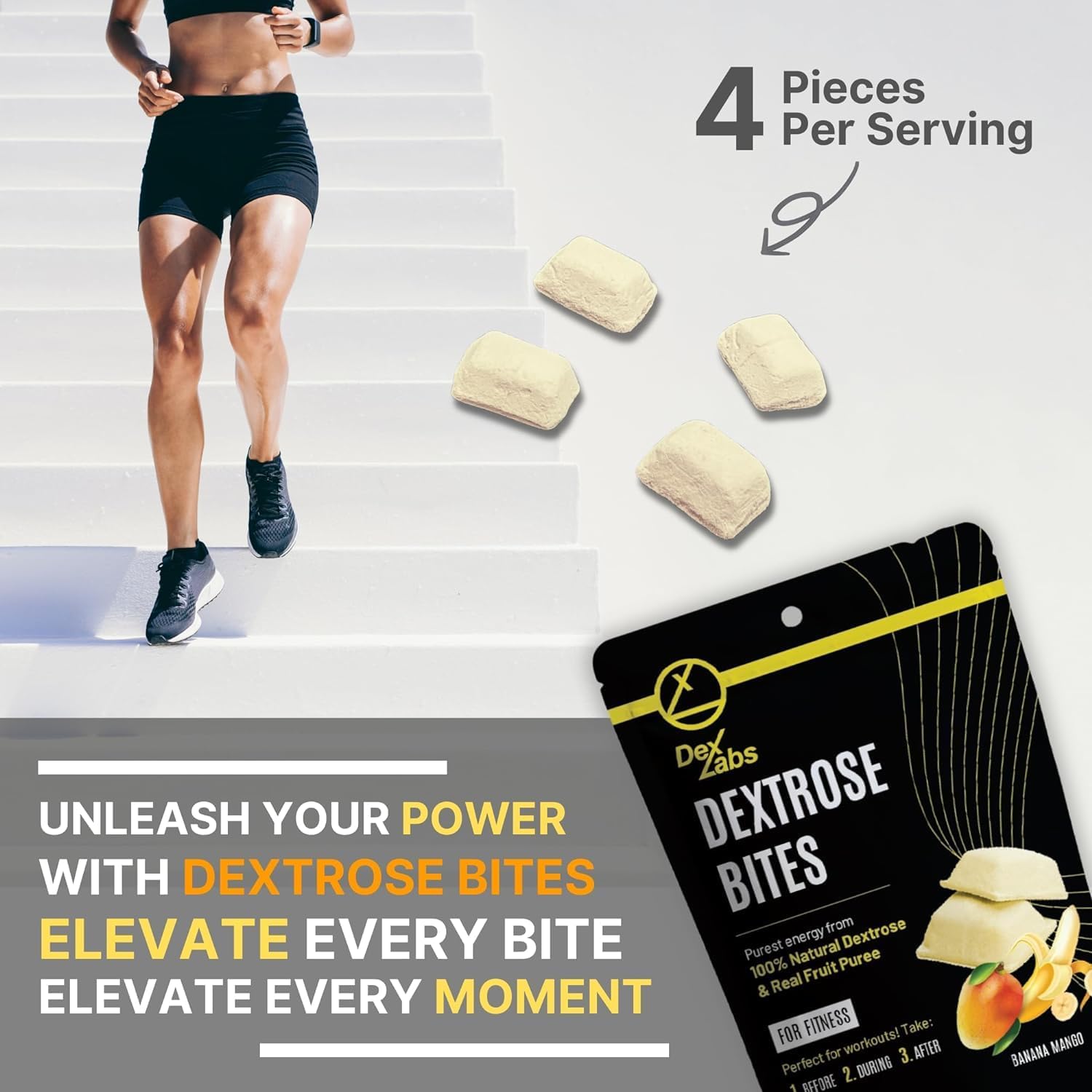 Dextrose Energy Bites - Portable Glucose Tablets for Workout - Banana Mango Flavored Melts - Pack of 03