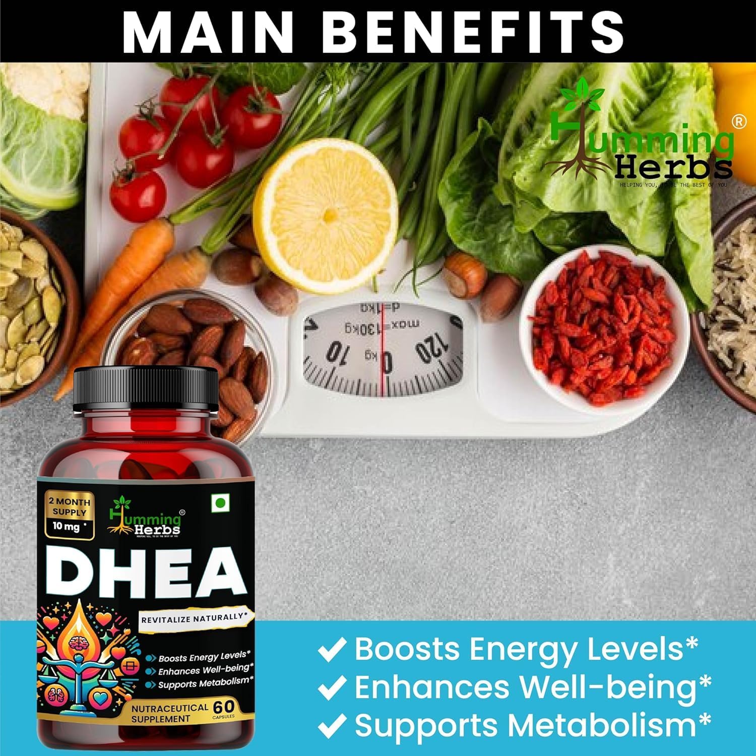 DHEA Capsules 10mg - Micronized for Enhanced Absorption - 2 Month Supply - 60 Count - Unisex Adult Wellness