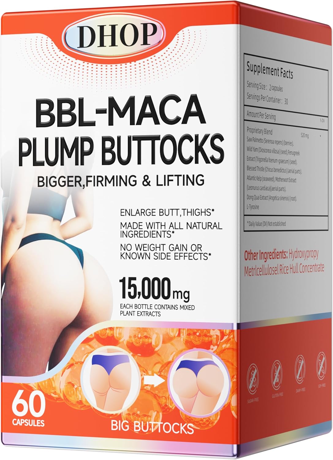 DHOP Butt Booster Pills with Buttocks Herbal Supplements - Plump HIPS Enhancement for a Firm and Seductive Big Booty - Includes Black Maca Root - 60 Tablets