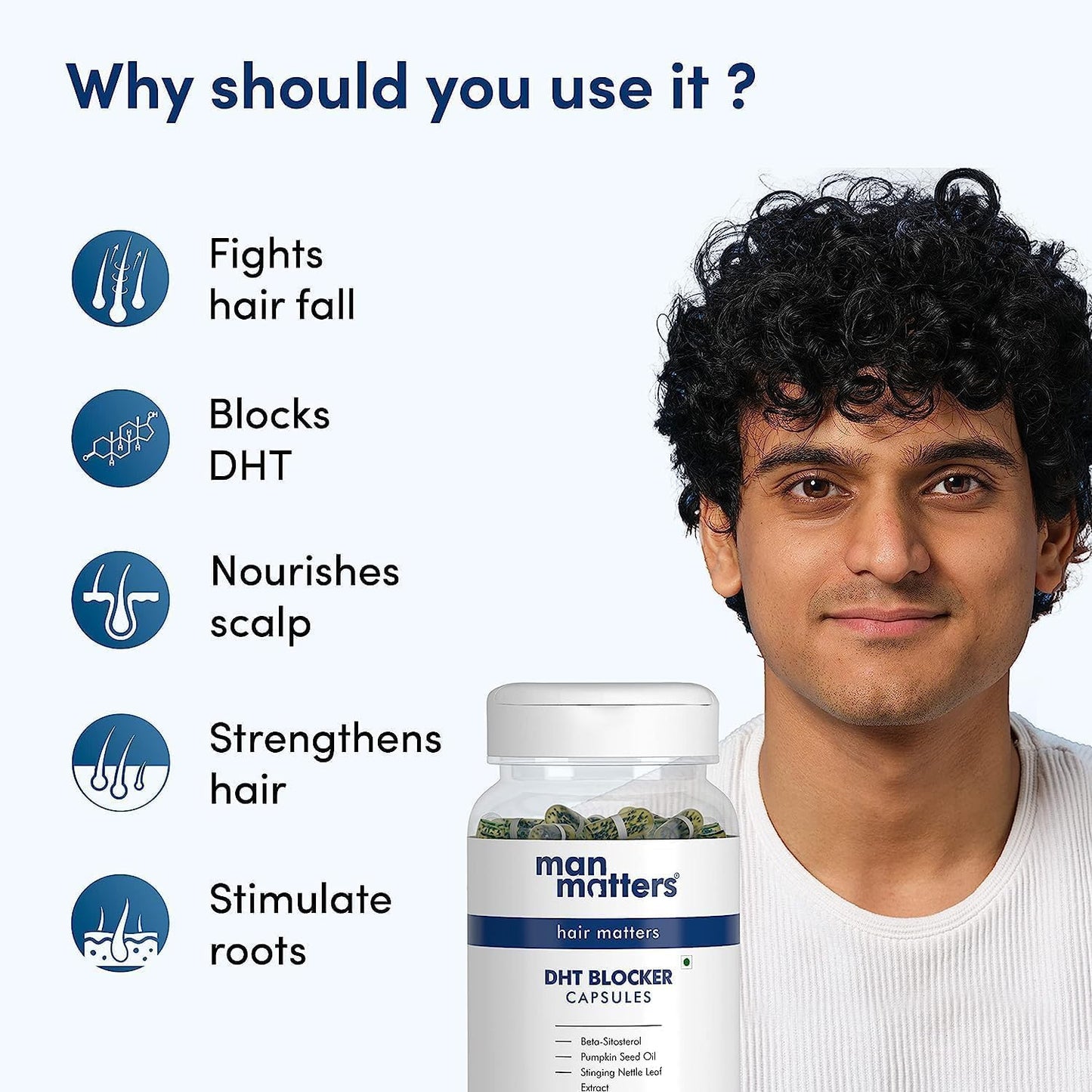 DHT Blocker Capsules with Biotin for Hair Fall Control and Growth | Includes Pumpkin Seed Oil and Nettle Extract | 60 Capsules