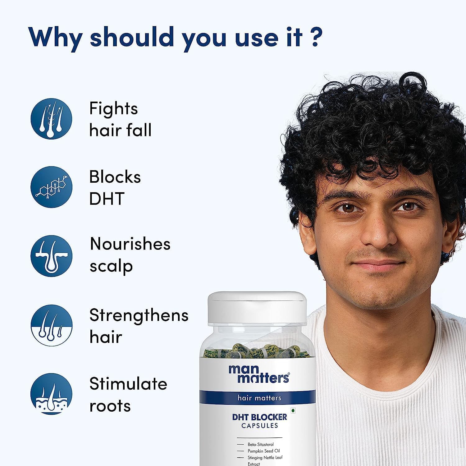DHT Blocker Capsules with Biotin for Hair Fall Control and Growth | Includes Pumpkin Seed Oil and Nettle Extract | 60 Capsules