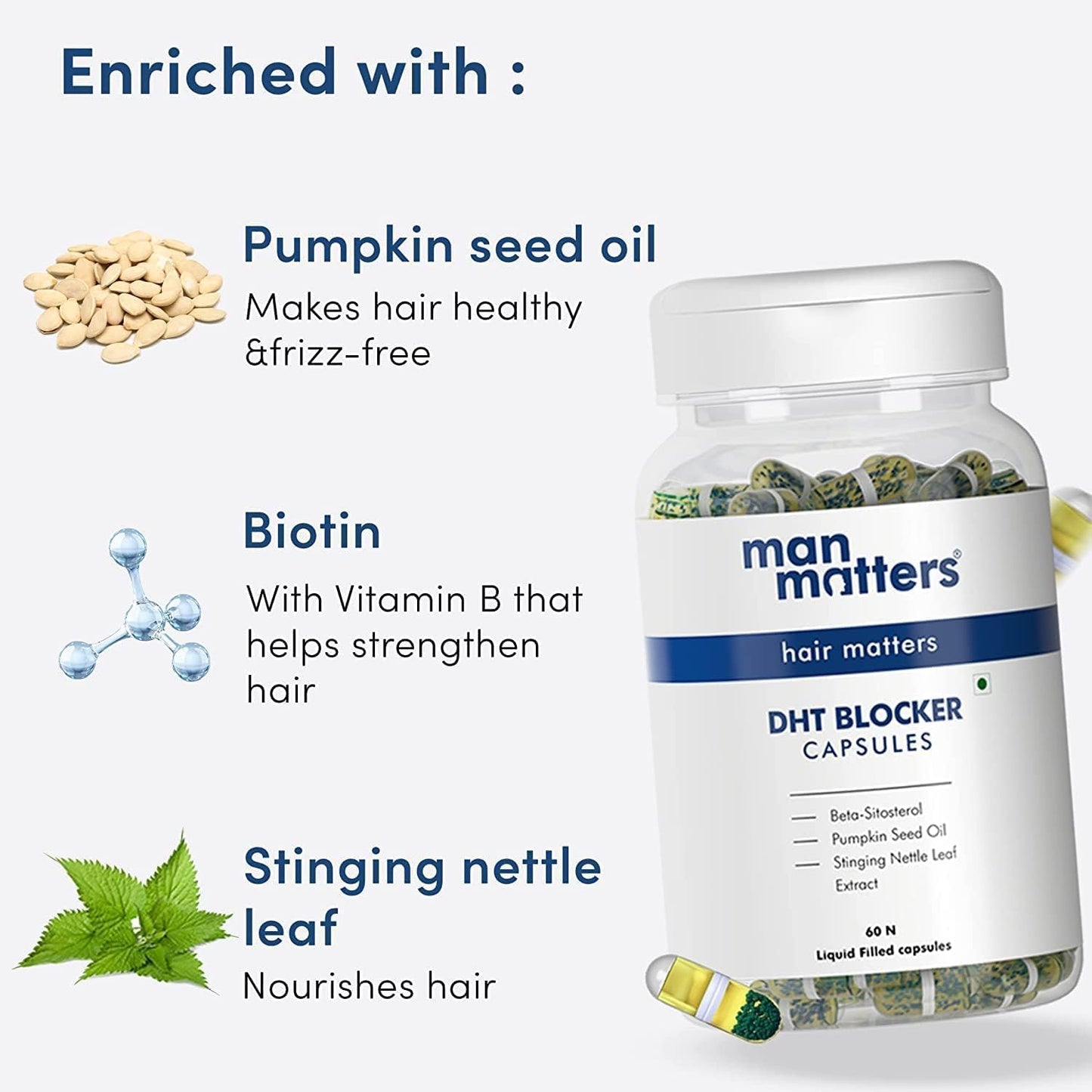 DHT Blocker Capsules with Biotin for Hair Fall Control and Growth | Includes Pumpkin Seed Oil and Nettle Extract | 60 Capsules