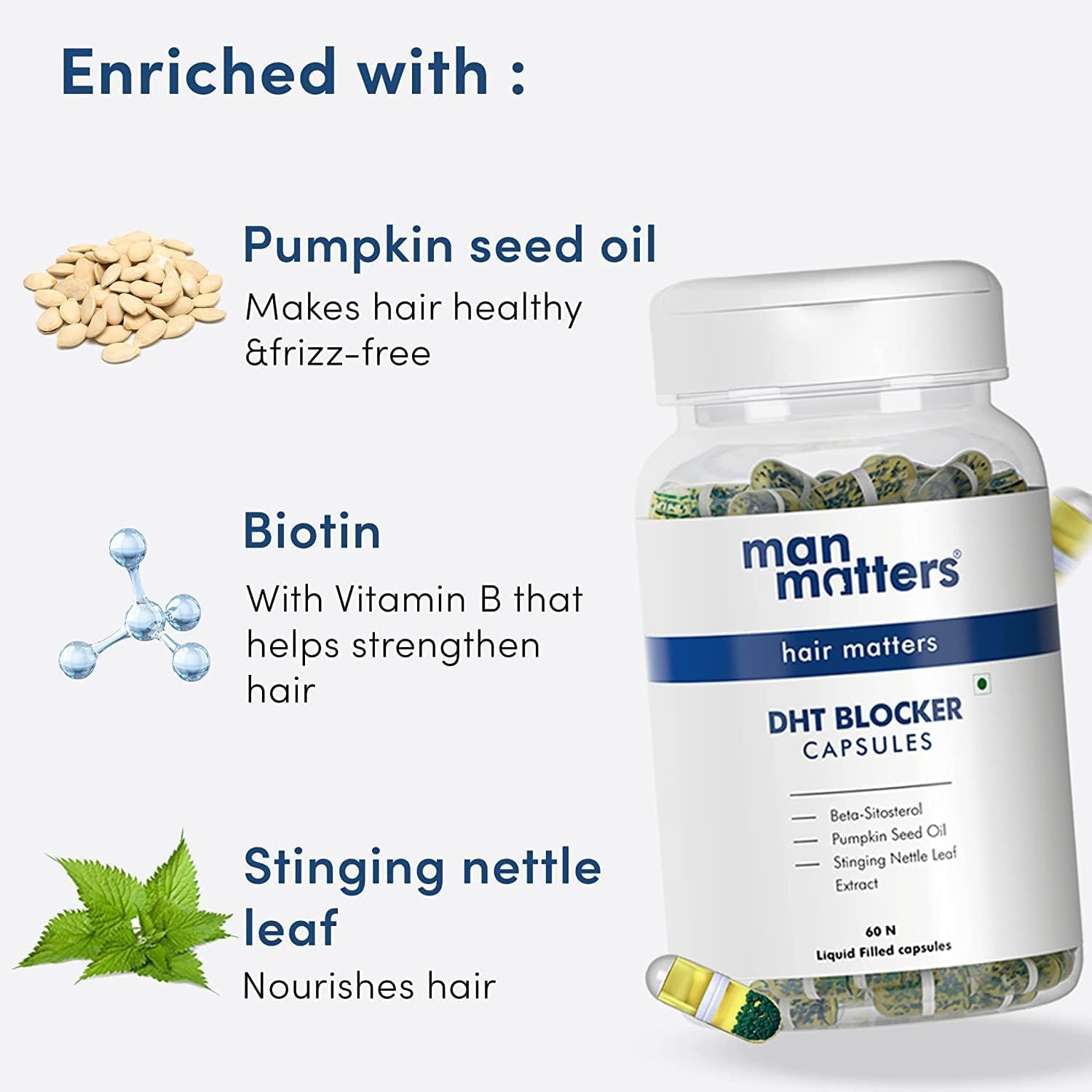 DHT Blocker Capsules with Biotin for Hair Fall Control and Growth | Includes Pumpkin Seed Oil and Nettle Extract | 60 Capsules