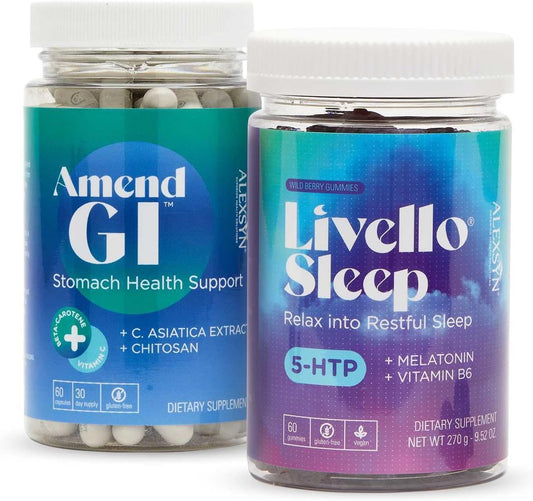 Digestive and Sleep Support Bundle - Alexsyn Amend GI + Livello Sleep with C. Asiatica, Chitosan, 5-HTP, Melatonin - 60 Gummies + 60 Capsules