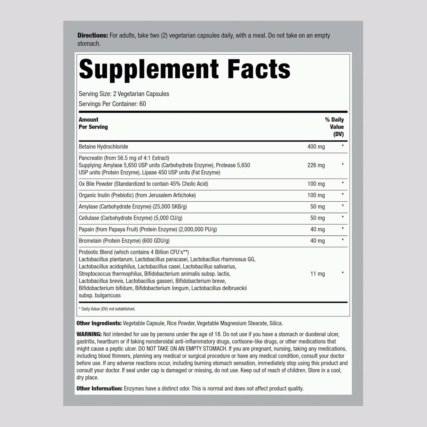 Digestive Enzyme Supplement with Pancreatin and Betain Hydrochloride - 120 Capsules