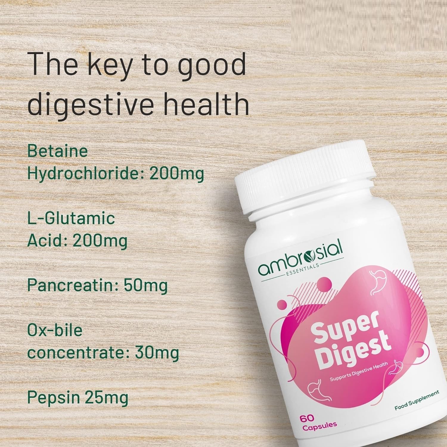 Digestive Enzyme Supplements with Betaine HCL, Pepsin, Ox-Bile, Pancreatin & L-Glutamic Acid - 60 Capsules for Gut Health