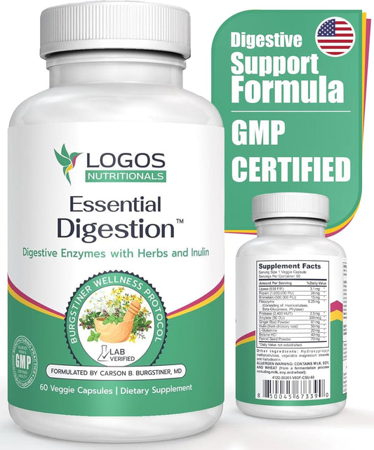 Digestive Enzymes for Gut Health - Logos Nutritionals Essential Digestion 90 Veggie Caps - Relieve Digestive Issues in Men and Women