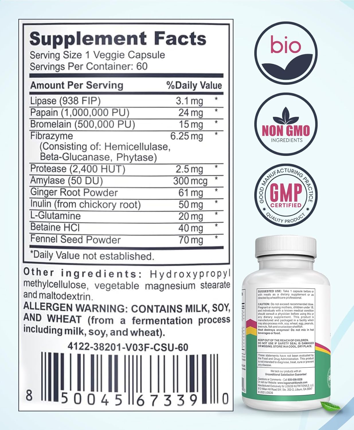 Digestive Enzymes for Gut Health - Logos Nutritionals Essential Digestion 90 Veggie Caps - Relieve Digestive Issues in Men and Women
